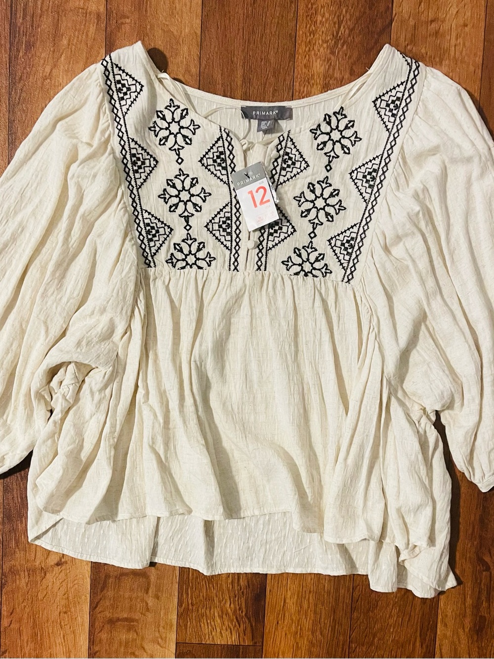 Primary Embroidered Peasant Blouse - Cream with Black Detail